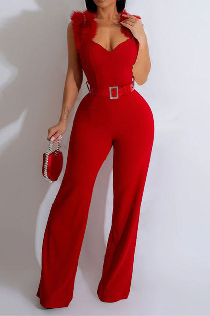 storexq Feather & Rhinestone Strap Glamorous Belted Jumpsuit