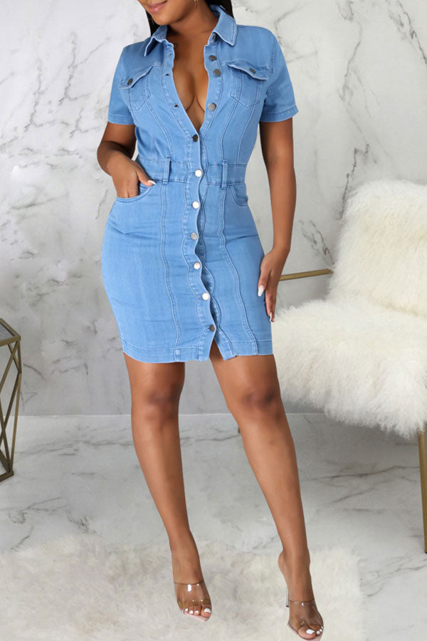 storexq Blue On-trend Single Breasted Denim Mini Dress