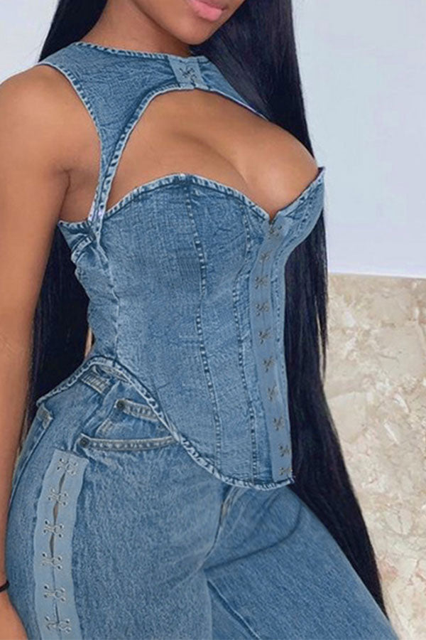 storexq Solid Color Flirty Cutout Irregular Denim Camisole