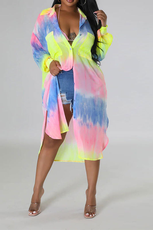 storexq Tie Dye Colorful Single Breasted Midi Dress