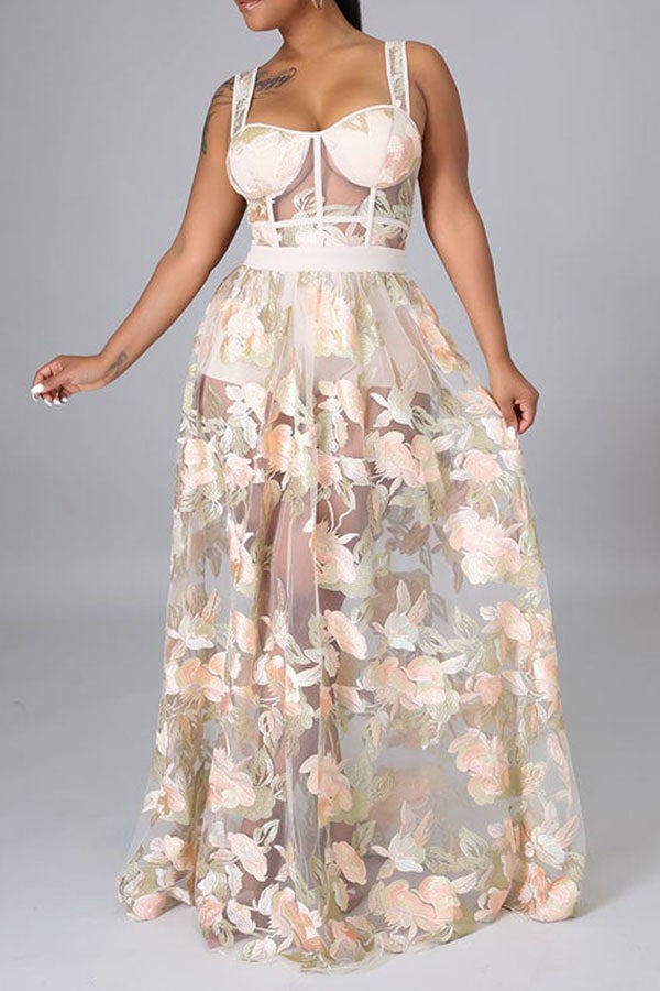 namcoverse Floral Embroidery Glamorous See-Through Maxi Dress