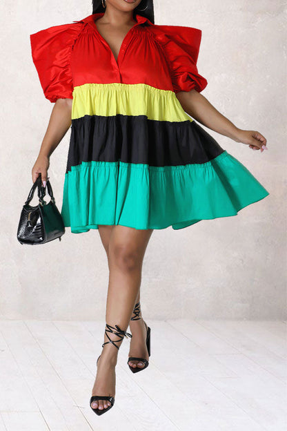 storexq Color Block Cute Tiered Ruffle Mini Dress