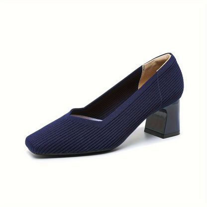 Chic Square-Toe Knitted Pumps - Comfortable Chunky Heel - Versatile Solid Colors - Perfect for Office Wear