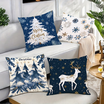 Contemporary Christmas Throw Pillow Covers Set of 4, Hand Washable Blue Polyester Decorative Pillowcases with Zipper Closure, Woven Elk, Christmas Tree, Snowflake Print Cushion Covers for Sofa, Bedroom Decor - 18x18 Inches (Pillow Inserts Not Included)