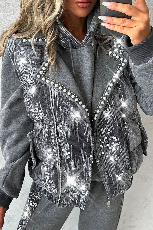 storexq Sequined & Beaded Decor Glittery Cotton-padded Gilet