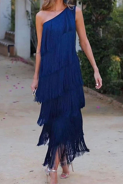 namcoverse Solid Color One Shoulder Pretty Tassel Midi Dress