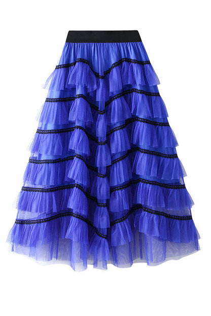 storexq Patchwork Cute Mesh Tiered Ruffle Skirt