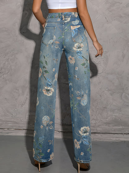 Fashionable Womens Floral Print Jeans - Loose Fit, Distressed Denim, Practical Pockets, Casual Straight Leg Pants for Everyday Style