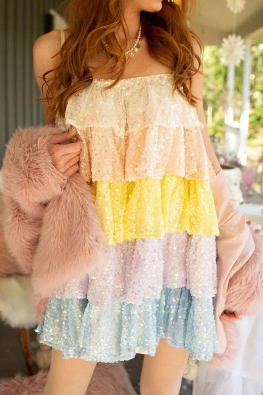 storexq Color Block Sequined Sweet Tiered Ruffle Mini Dress