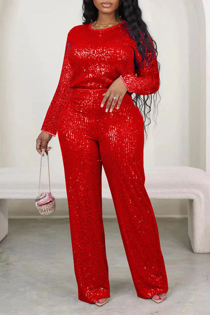 storexq Solid Color Sequined Striking Round Neck Pant Suit