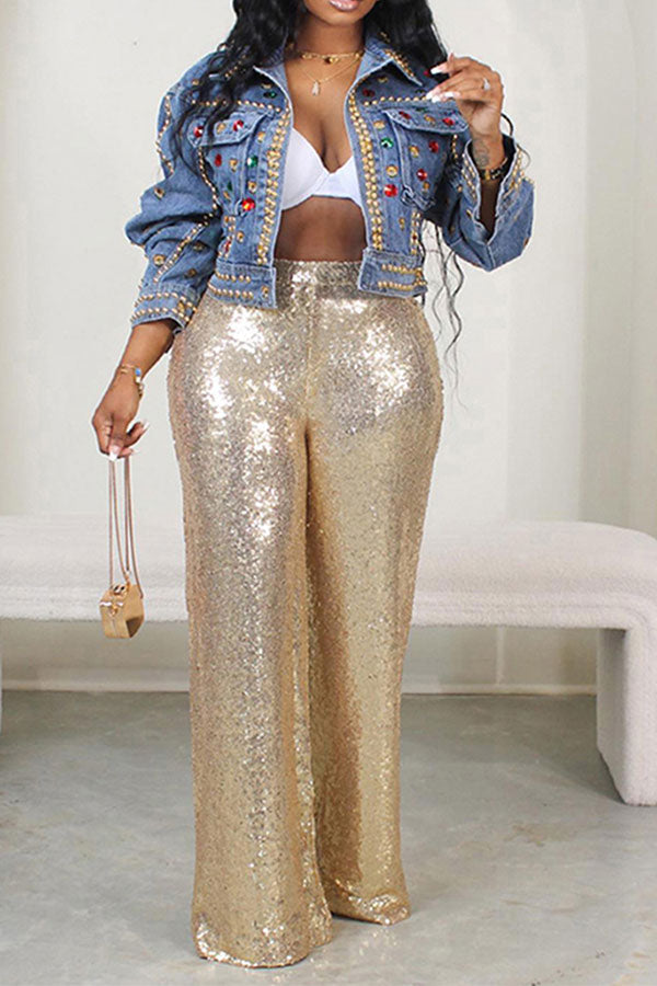 storexq Sequined Sparkly Wide Leg Pants