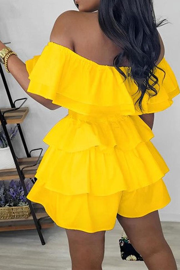 storexq Solid Color Sweet Tiered Ruffle Romper