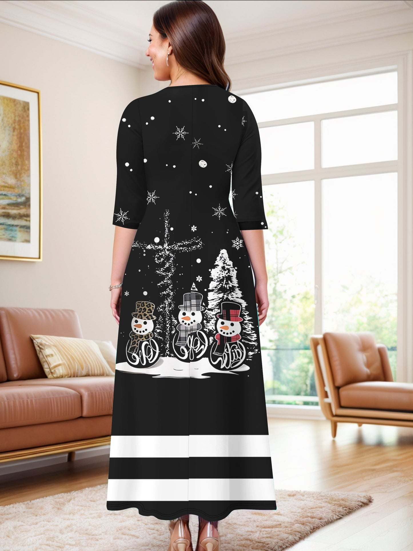 Seasonal Joy, Chic Christmas Snowman Print Midi Dress for Women - Casual Elegance with 3/4 Sleeves & Crew Neck, Stretchy Polyester Blend, Machine Washable