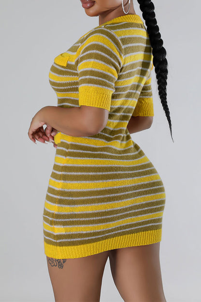 storexq Striped Patchwork Casual Knitted Mini Dress