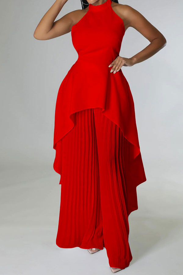 storexq Solid Color Rocking Pleated Irregular Wide Leg Pant Suit