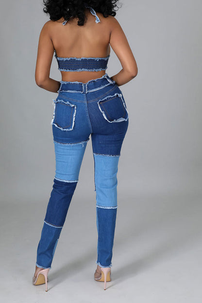 storexq Color Block Burrs Patchwork Unique Cutout Denim Pant Suit