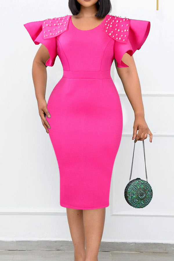 storexq Beaded Decor Elegant Ruffle Sleeve Midi Dress
