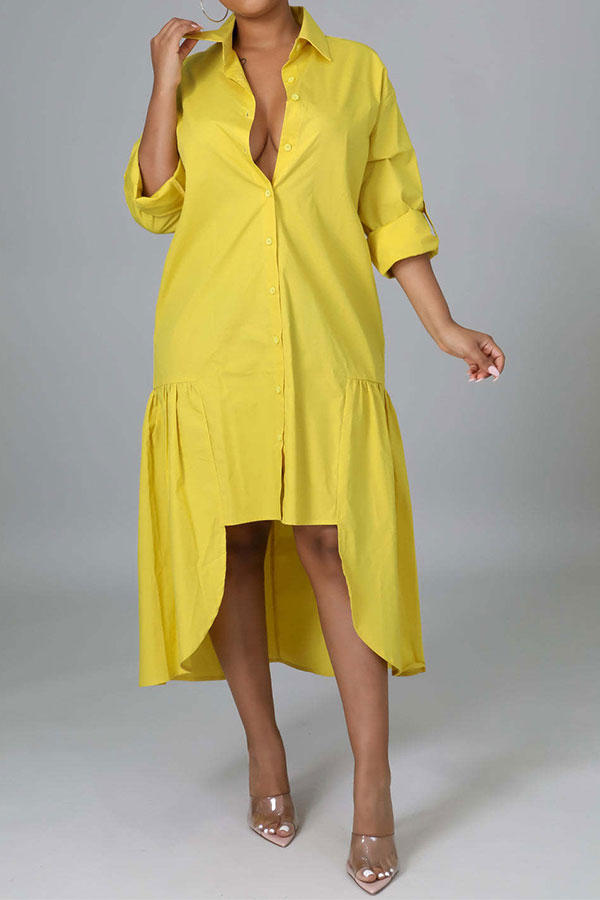 storexq Solid Color Shirt Collar Casual High Low Midi Dress