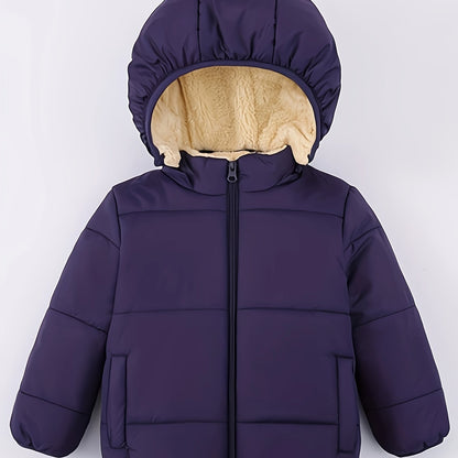 Baby's Solid Color Fuzzy Lining Quilted Jacket With Detachable Hood, Warm Zip Up Padded Coat, Baby Boy's Clothing For Fall Winter