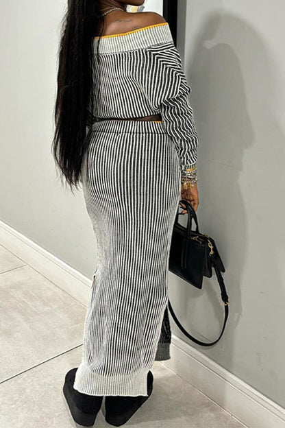 namcoverse Vertical Striped Off Shoulder Chic Dress Suit