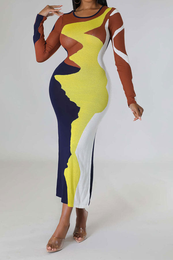 storexq Abstract Print Flattering Bodycon Midi Dress