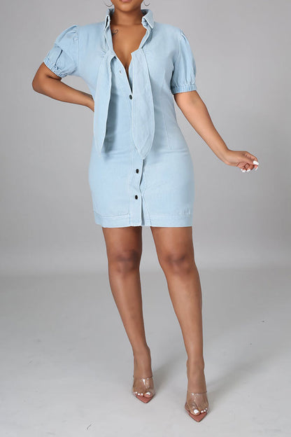 storexq Solid Color Girly Tie Front Denim Mini Dress