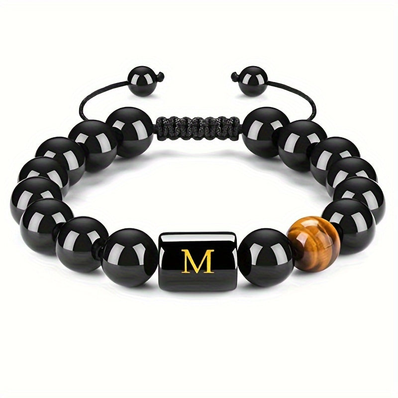 1pc Stunning 26-Letter 10MM Synthetic Stone Bead Adjustable Rope Chain Woven Bracelet - Fashionable Accessory for Men and Women - Ideal Gift for Friends and Family - Durable and Comfortable to Wear