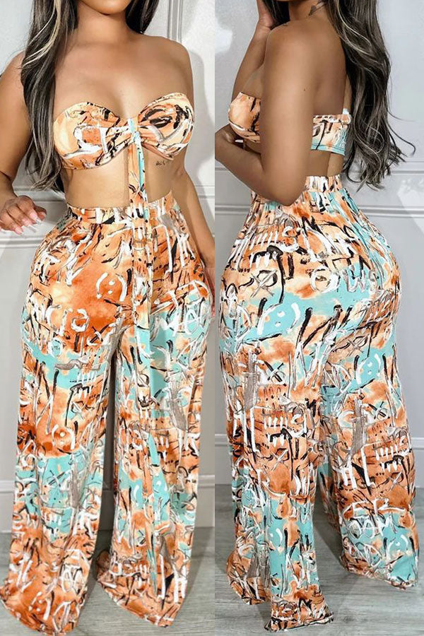 storexq Graffiti Print Beachy Bandeau Lace-Up Pant Suit