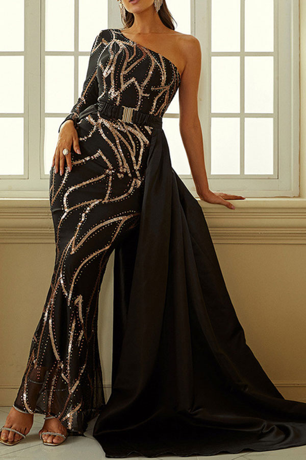 storexq Sequined Luxe One Shoulder Trailing Maxi Dress