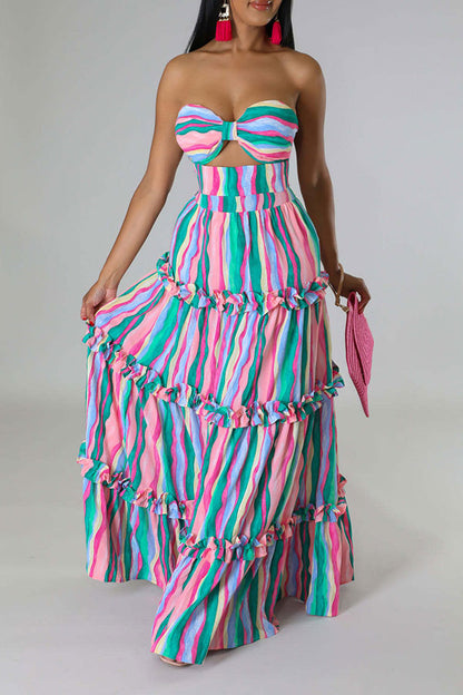 storexq Rainbow Stripe Flattering Tiered Ruffle Dress Suit