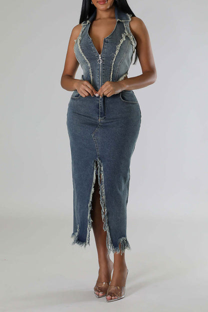 namcoverse Gradient Denim Burrs Trim Unique High Split Dress Suit