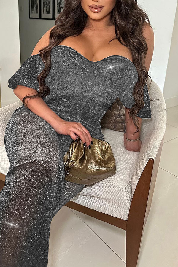 storexq Solid Color Shimmery Strapless Ruffle Sleeve Jumpsuit