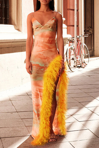 storexq Tie Dye Rocking Feather High Split Midi Dress