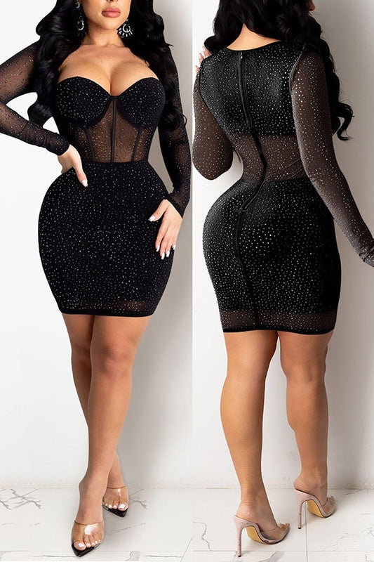 namcoverse Rhinestone Glittery See-Through Mini Dress