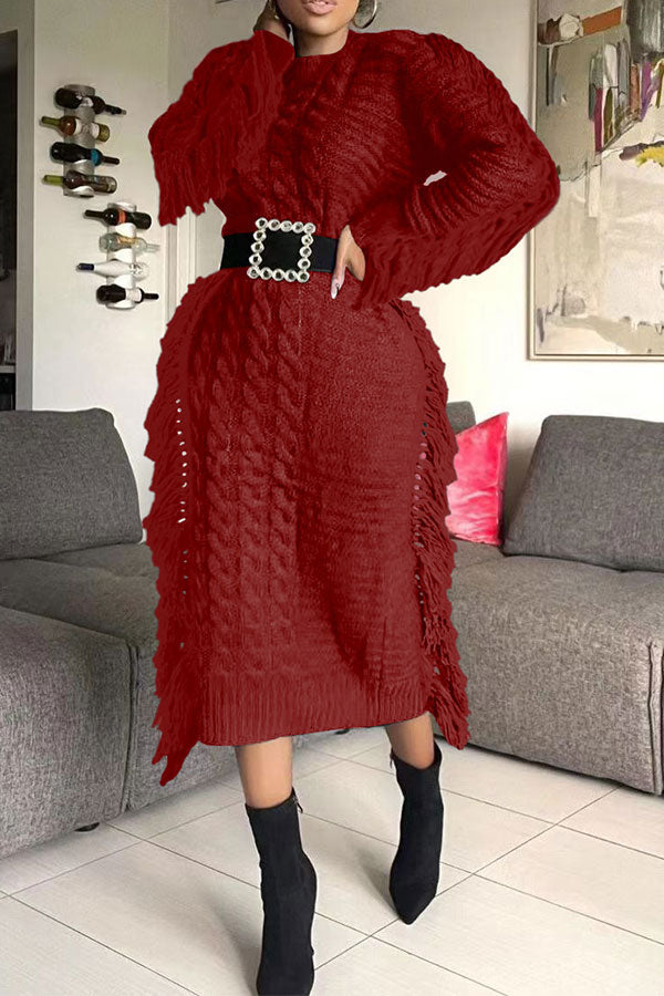 storexq Tassel Patchwork Whimsical Knitted Midi Dress