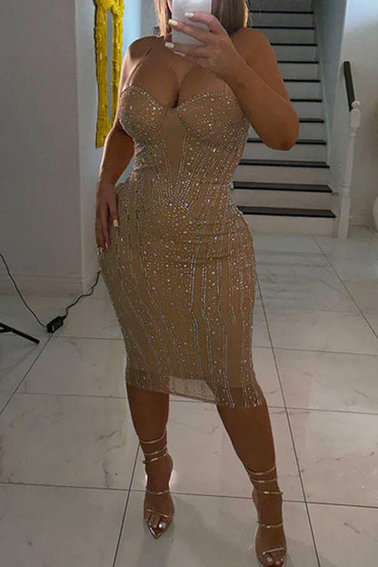 namcoverse Rhinestone Flattering Bodycon Midi Dress