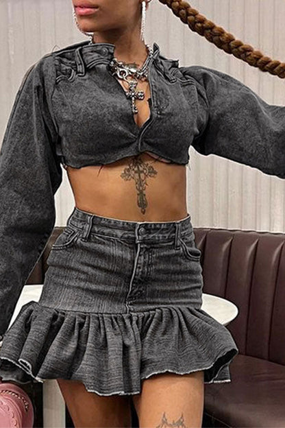 storexq Solid Color Rocking Ruffled Denim Skirt Suit