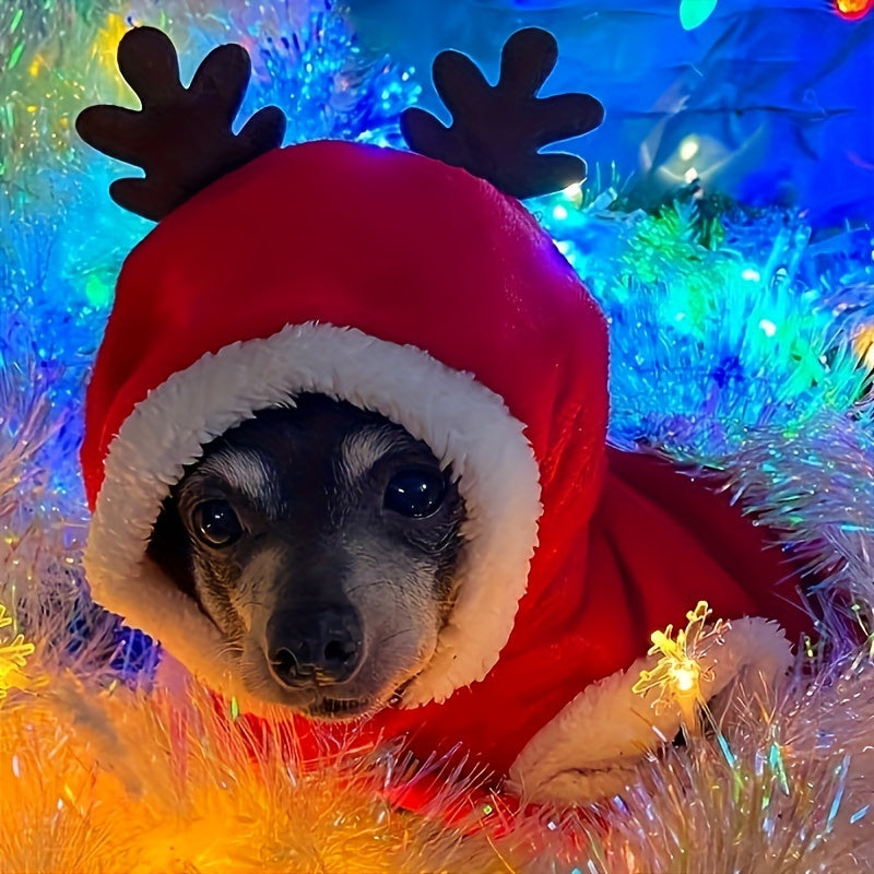 1pc Festive Christmas Dog Costume with Hood - Red Knit Polyester Pullover with Snap Button Closure - Medium Breed - Reindeer Antlers & Green Tree Design - Winter Holiday Apparel for Small to 2XL Dogs