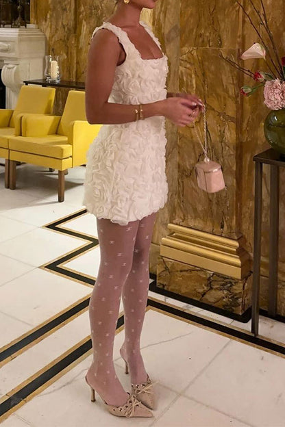 namcoverse Solid Color 3D Flower Decor Glamorous Mini Dress