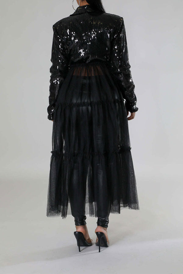 storexq Sequined Sparkly Tiered Tulle Patchwork Coat