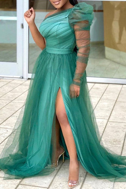 storexq Solid Color One Shoulder Elegant Split Swing Tulle Maxi Dress