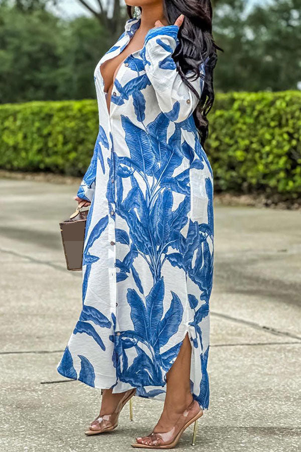 storexq Leaf Print Relaxed Single Breasted Maxi Dress