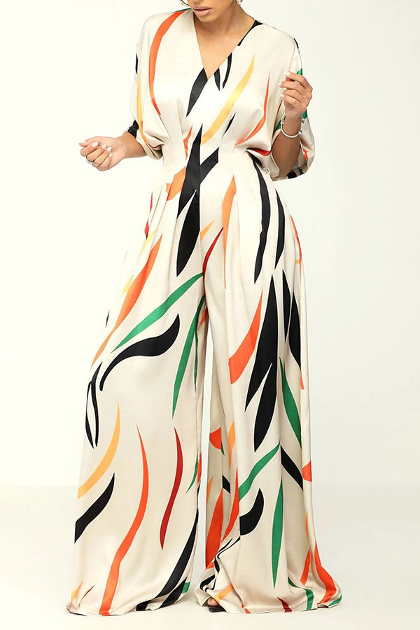 storexq Colorful Striped V Neck Wide Leg Jumpsuit