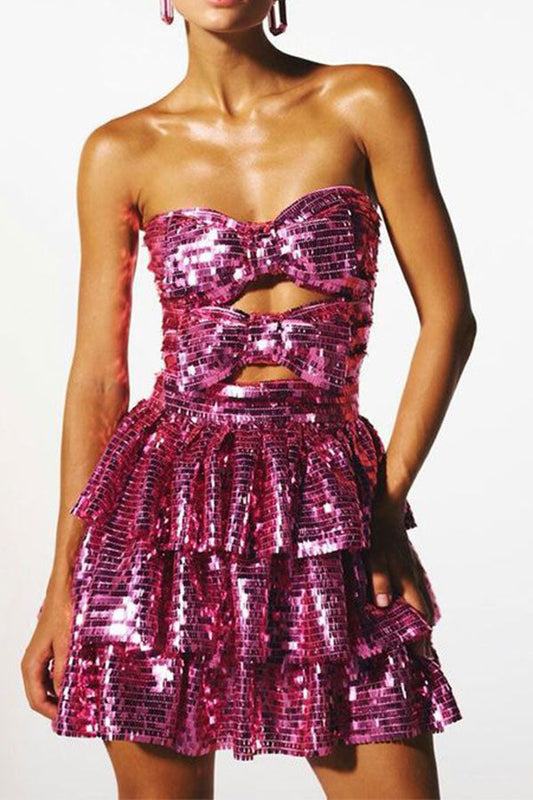 storexq Sequined Glittery Bow Design Tiered Mini Dress