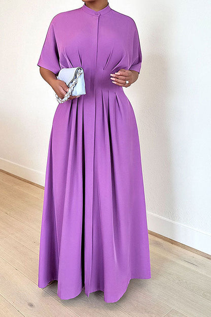 storexq Solid Color Classic Pleated Maxi Shirt Dress