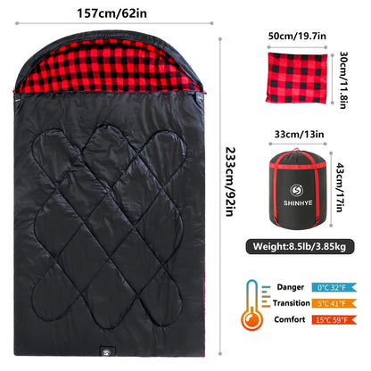 2-Person XXL Queen Size Flannel Cotton Sleeping Bag for Adults with 2 Pillows - Soft, Warm, and Cozy for Cold Weather Camping - Durable, Water-Resistant, and Easy to Clean - Perfect for Outdoor Adventures