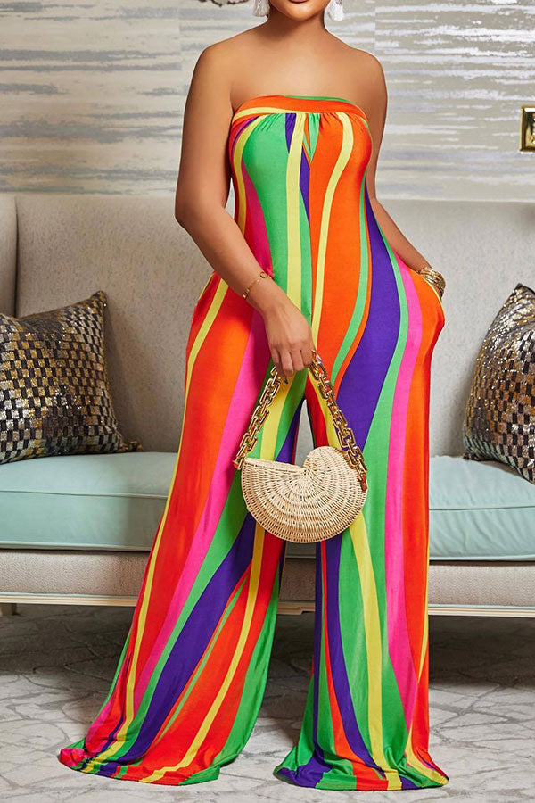 storexq Colorful Striped Tie Back Wide Leg Jumpsuit