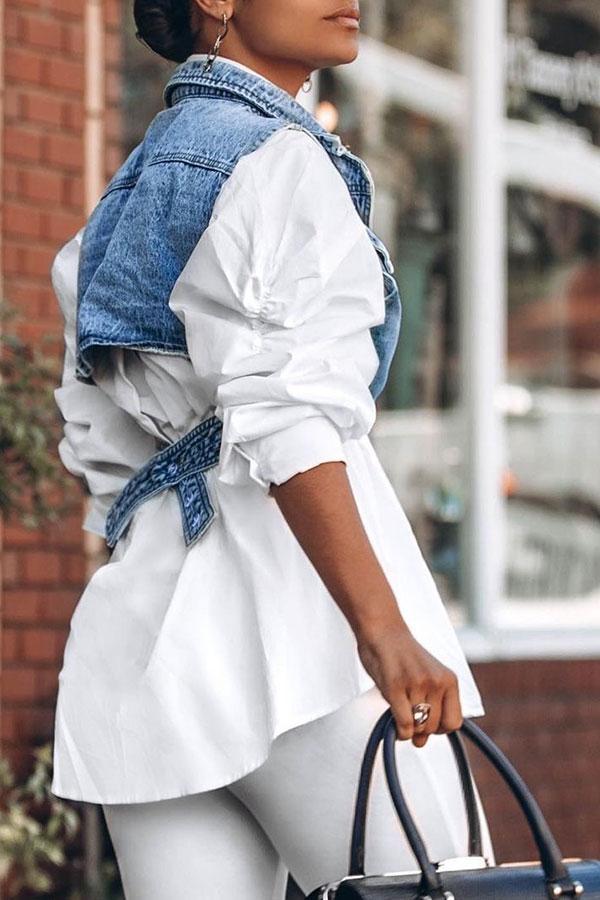 storexq Outstanding Puff Sleeve White Blouse & Adjustable Denim Gilet