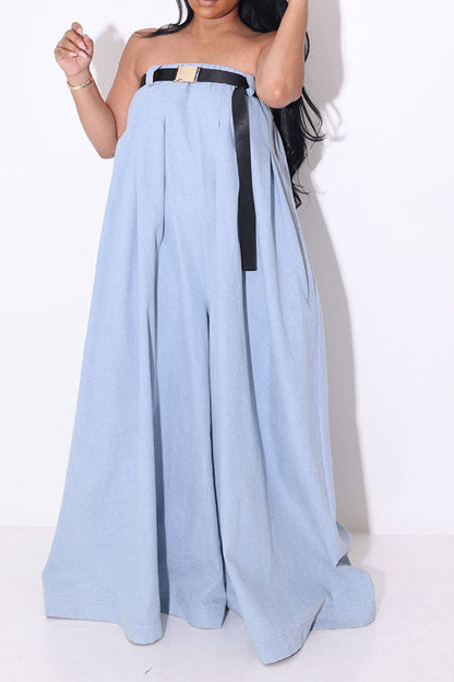 storexq Solid Color Whimsical Wide Leg Jumpsuit With Belt