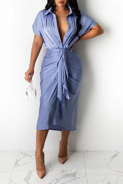 storexq Pretty Ruffle Midi Shirt Dress With Belt